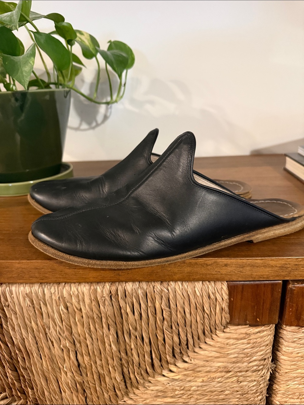 Sabah “Babah” Black all leather slip on “slides”, re-solable, good year welt